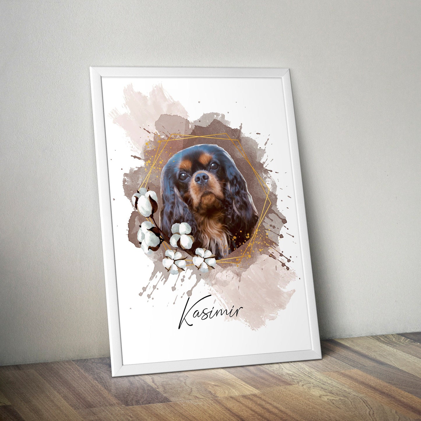 Haustierportrait mit floralen Elementen und Namenspersonalisierung im Watercolor Stil | Poster, Illustration, Watercolor