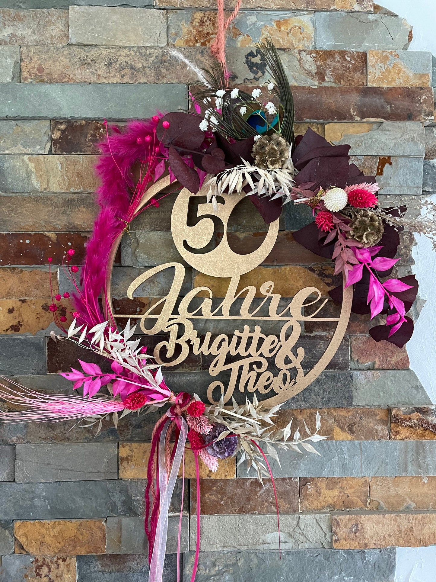 Jubiläumskranz mit Trockenblumen, Jubiläum, 25 Jahre, 50 Jahre, gold Hochzeit, Silber Hochzeit, Hochzeitstag, personalisiert, Geschenk