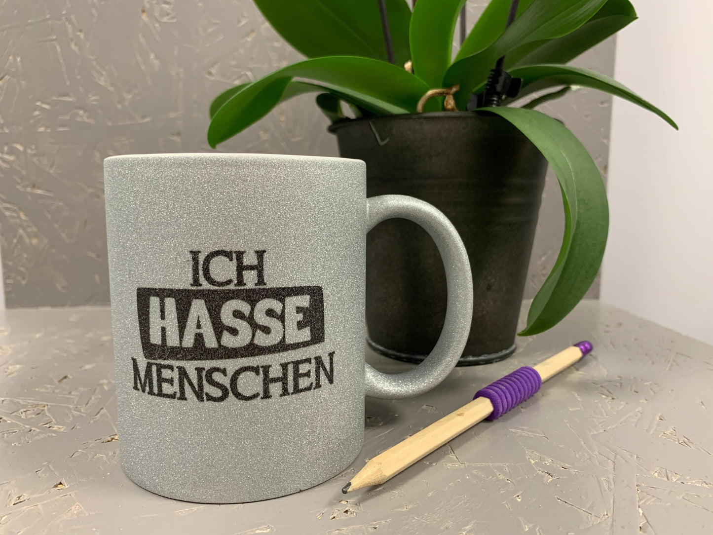 Ich hasse Menschen Glitzer Tasse in silber, Kaffeetasse, Kaffeebecher