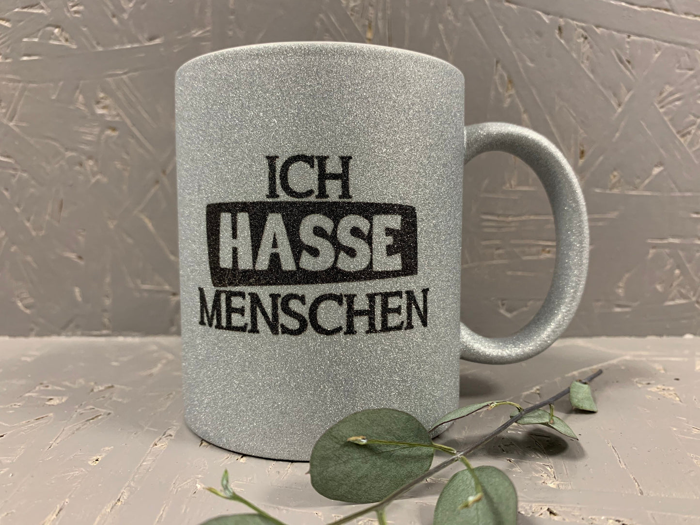 Ich hasse Menschen Glitzer Tasse in silber, Kaffeetasse, Kaffeebecher