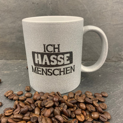 Ich hasse Menschen Glitzer Tasse in pink, silber oder schwarzweiß, Kaffeetasse, Kaffeebecher