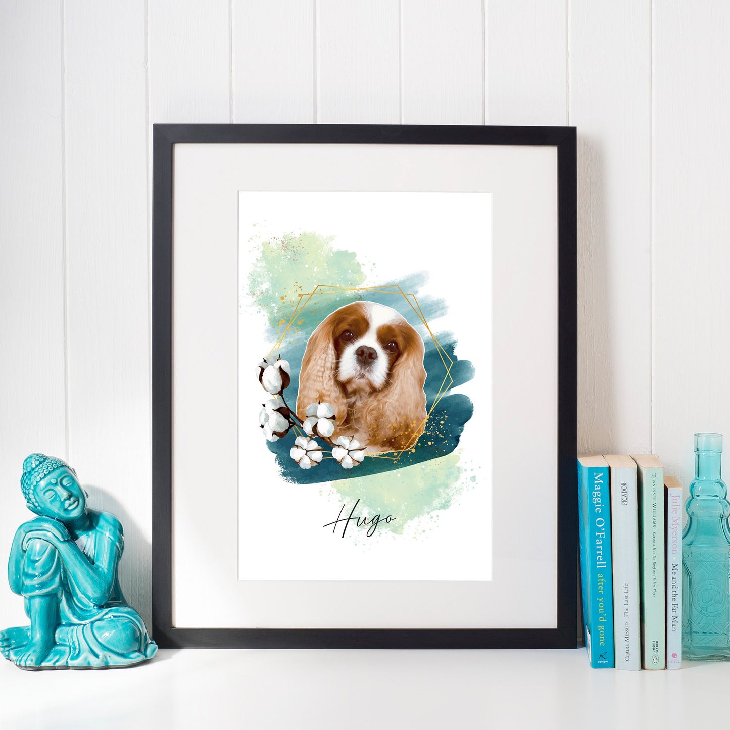 Haustierportrait mit floralen Elementen und Namenspersonalisierung im Watercolor Stil | Poster, Illustration, Watercolor