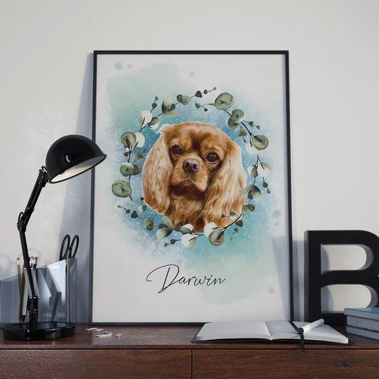 Haustierportrait mit floralen Elementen und Namenspersonalisierung im Watercolor Stil | Poster, Illustration, Watercolor