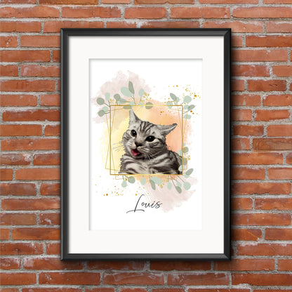 Haustierportrait mit floralen Elementen und Namenspersonalisierung im Watercolor Stil | Poster, Illustration, Watercolor