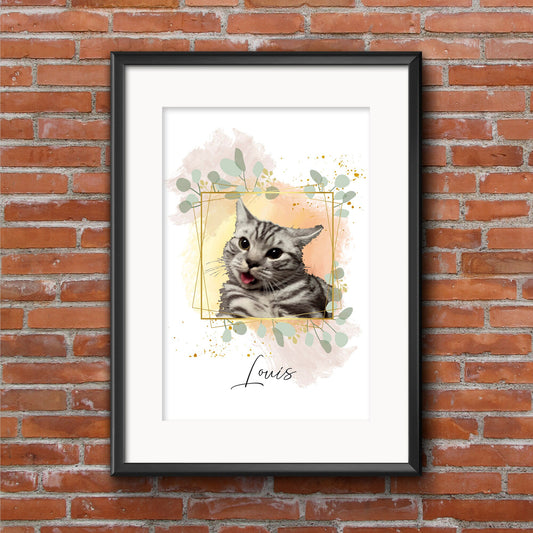 Haustierportrait mit floralen Elementen und Namenspersonalisierung im Watercolor Stil | Poster, Illustration, Watercolor