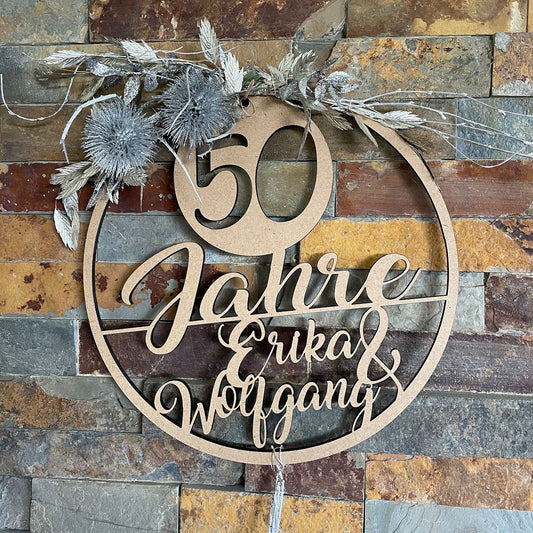 Jubiläumskranz mit Trockenblumen, Jubiläum, 25 Jahre, 50 Jahre, gold Hochzeit, Silber Hochzeit, Hochzeitstag, personalisiert, Geschenk