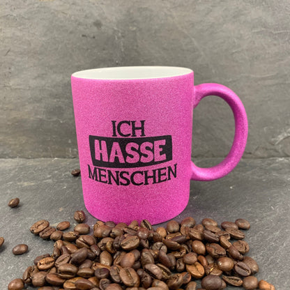 Ich hasse Menschen Glitzer Tasse in pink, silber oder schwarzweiß, Kaffeetasse, Kaffeebecher