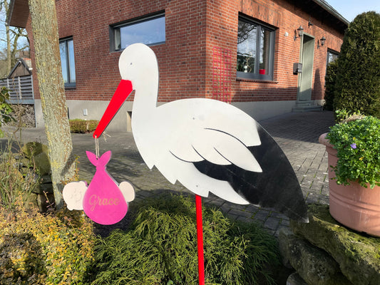 Personaliserter Klapperstorch aus Holz Baby-Ankündigung mit Gravur Geburtsgeschenk  Deko für Garten, Geburt Baby
