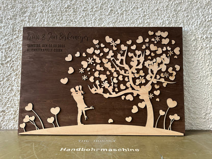 Gästebuch Baum Hochzeit, mit 3D Effekt aus Echtholz, 90 x 60 cm, Hochzeitsbaum
